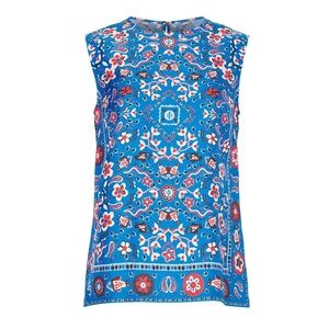 Tory Burch Printed Silk Shell Sleeveless Blouse Top Blue Logo Bandana Scarf
